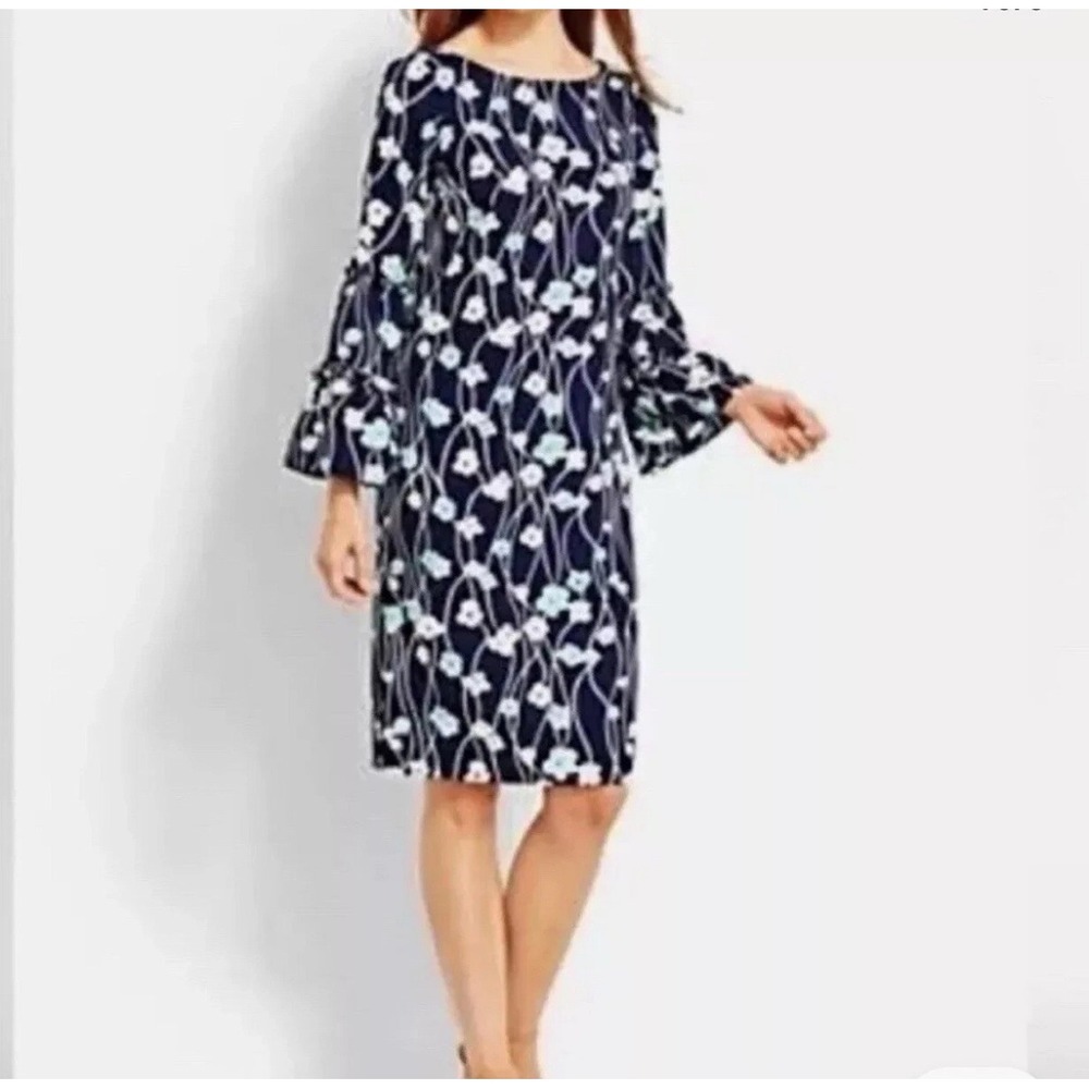 Talbots Womens Navy Floral Bell Sleeve Shift Dress Size 6 - Picture 1 of 10
